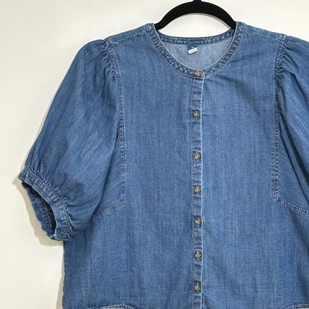 Old Navy Womens Top Plus 2X Blue Denim Puff Sleeve Boxy Boho Cottage Prairie